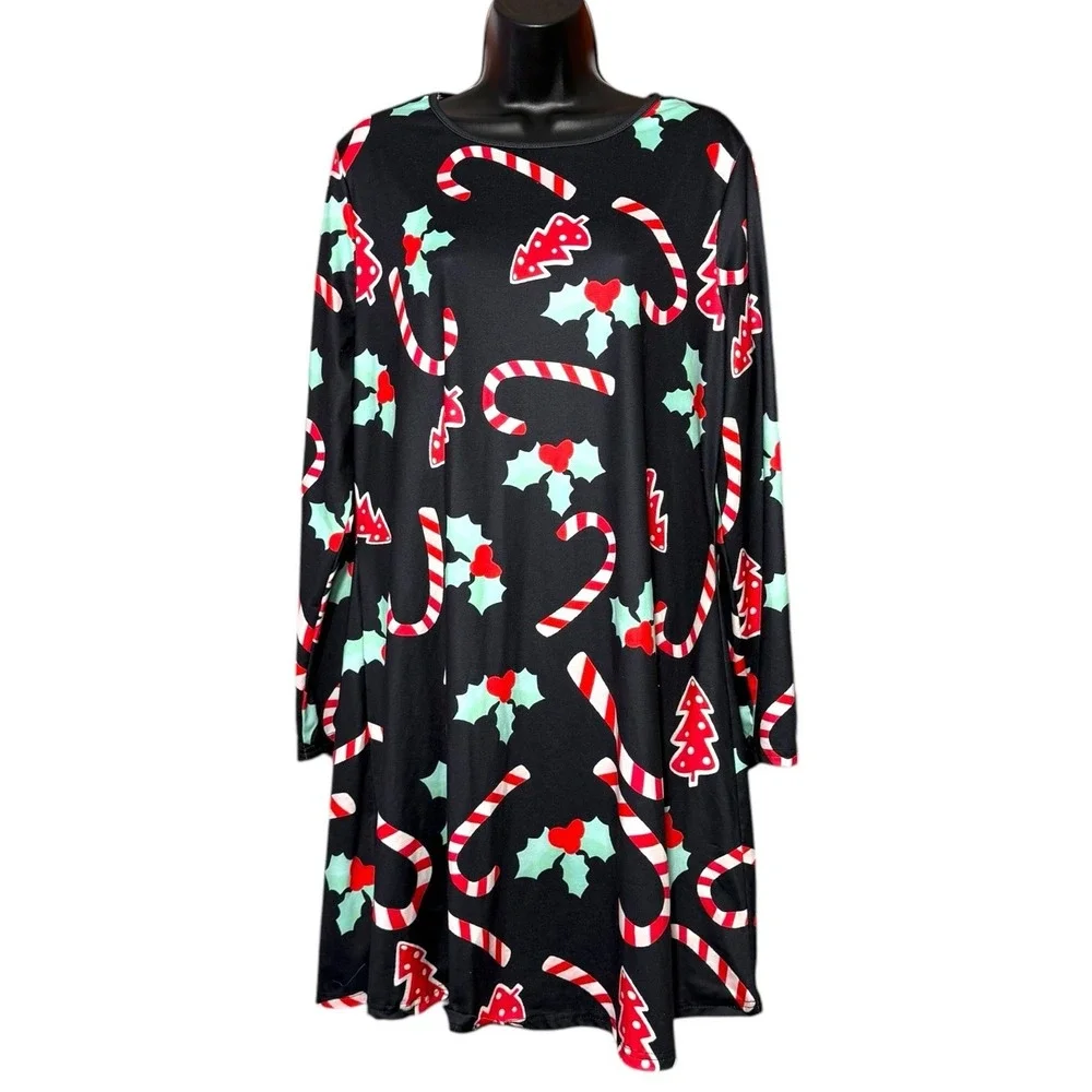 Christmas Holiday Long Sleeve Stretchy Black Dress Candy Canes Women Sz XXL - Picture 5 of 10